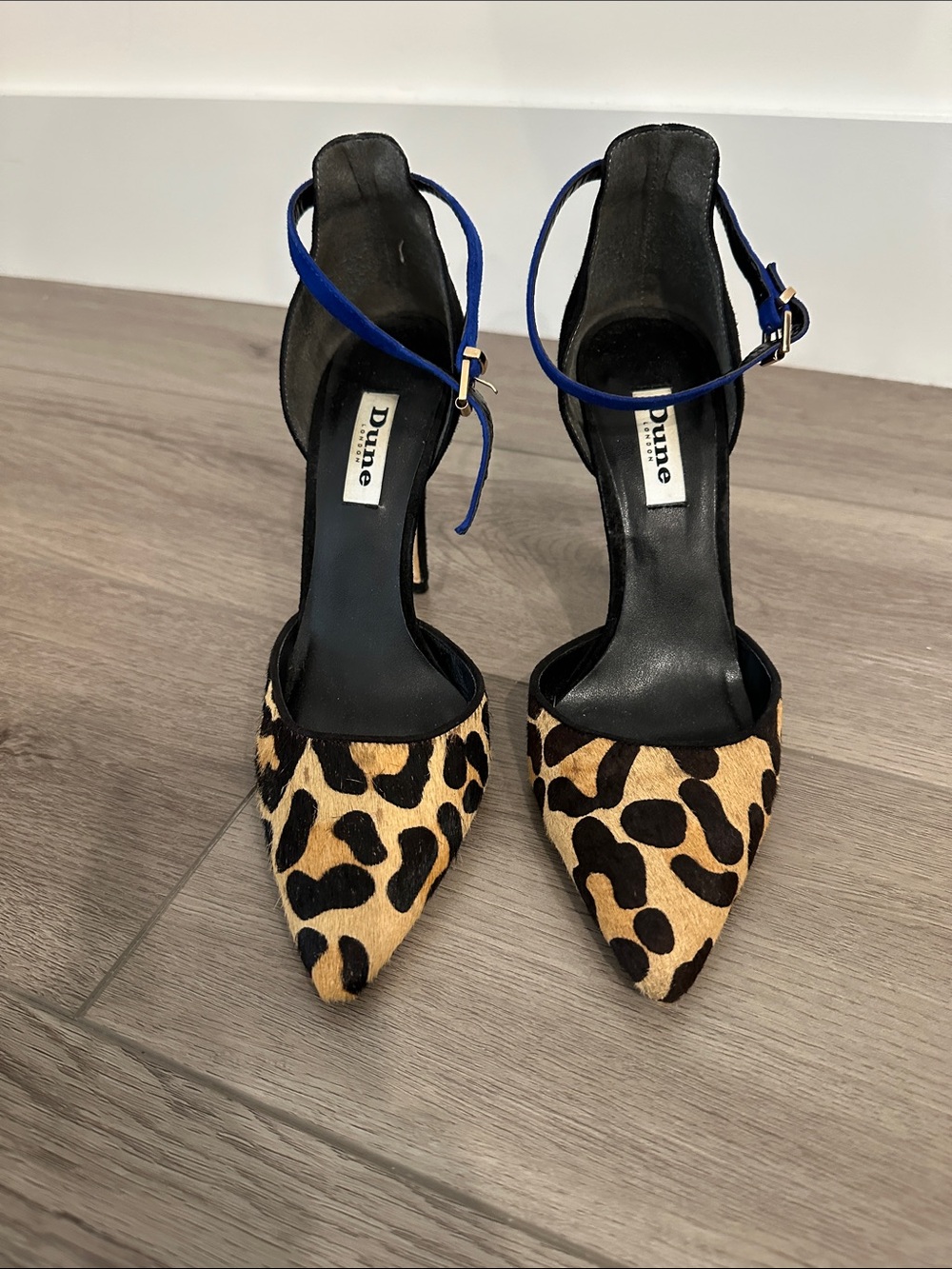 Dune London Leopard Print Pointed Pumps with Blue Ankle Strap